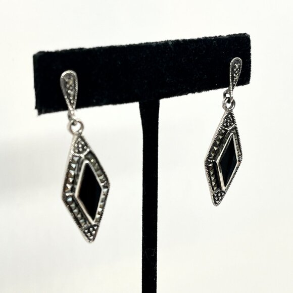 VINTAGE 925 STERLING SILVER MARCASITE ONYX DROP EARRINGS PIERCED ART DECO - Picture 4 of 15